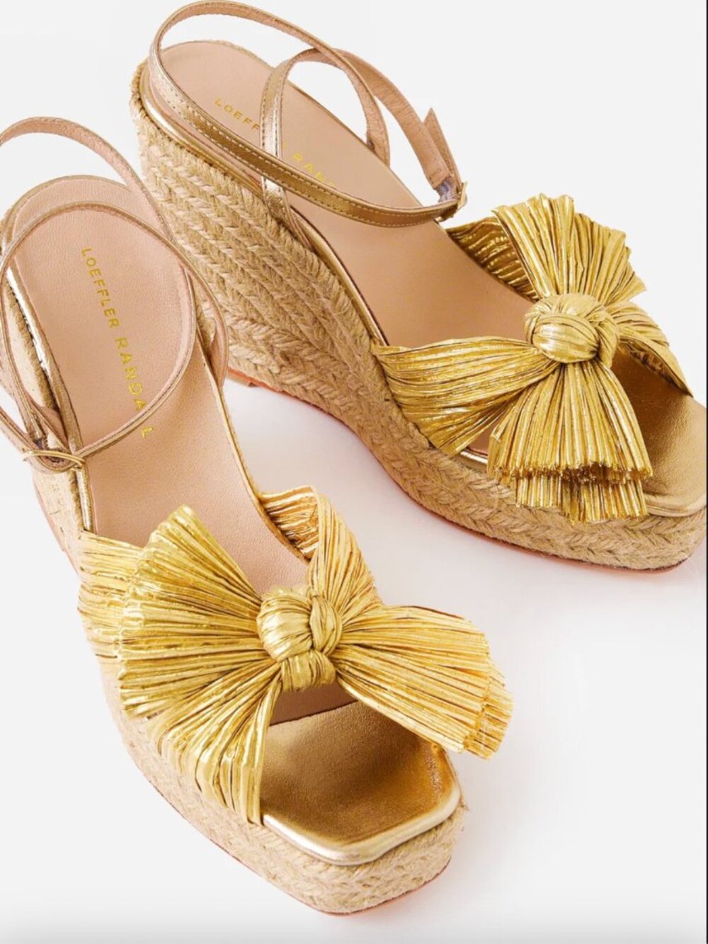Loeffler Randall Peri Gold Metallic Pleated Bow Knotted Wedge Sandal Heels